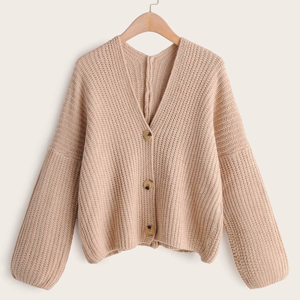 

V-neck Bishop Sleeve Single Breasted Cardigan, Khaki