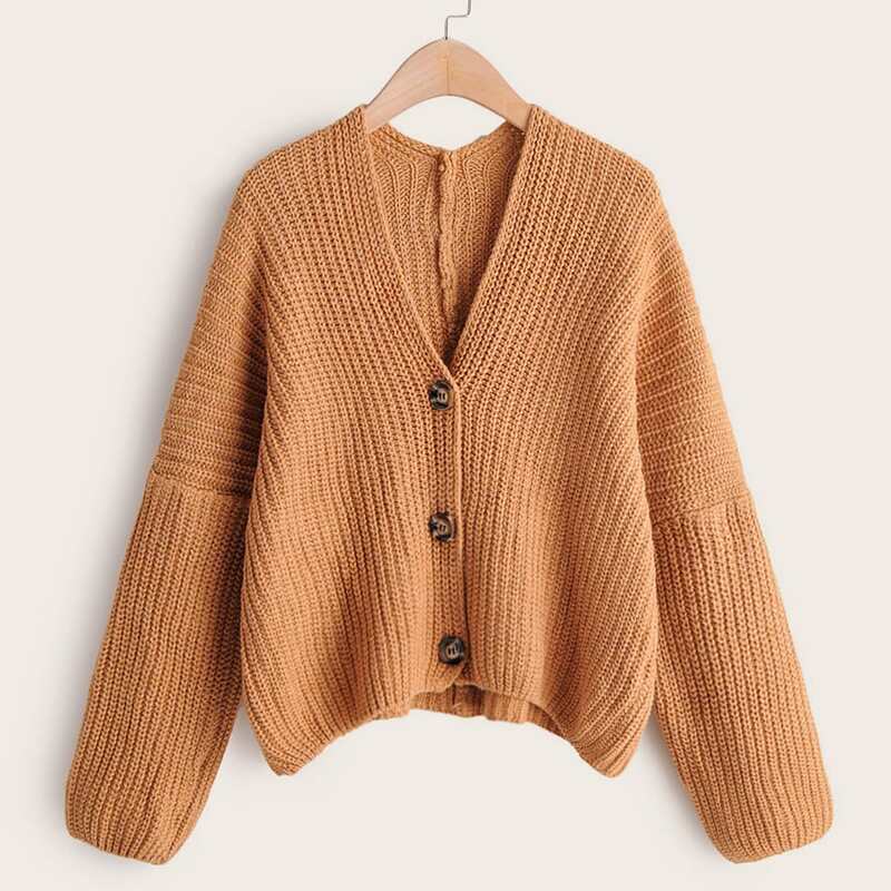 

V-neck Bishop Sleeve Button Front Cardigan, Camel