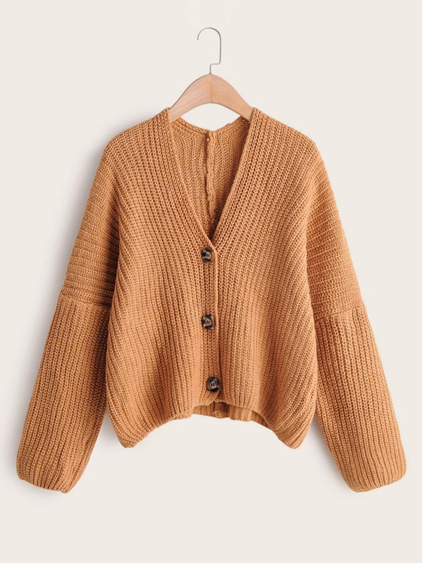 

V-neck Bishop Sleeve Button Front Cardigan, Camel