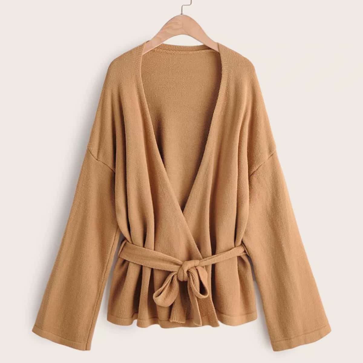 

Drop Shoulder Self Tie Cardigan, Camel