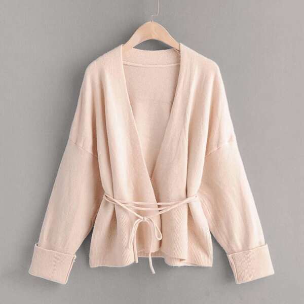

Self Tie Drop Shoulder Cardigan, Beige