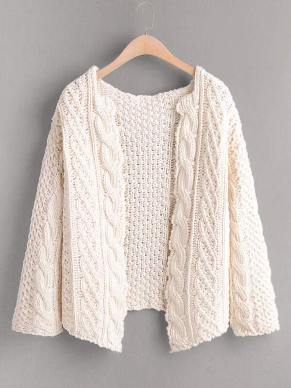 

Drop Shoulder Cable Knit Cardigan, Beige