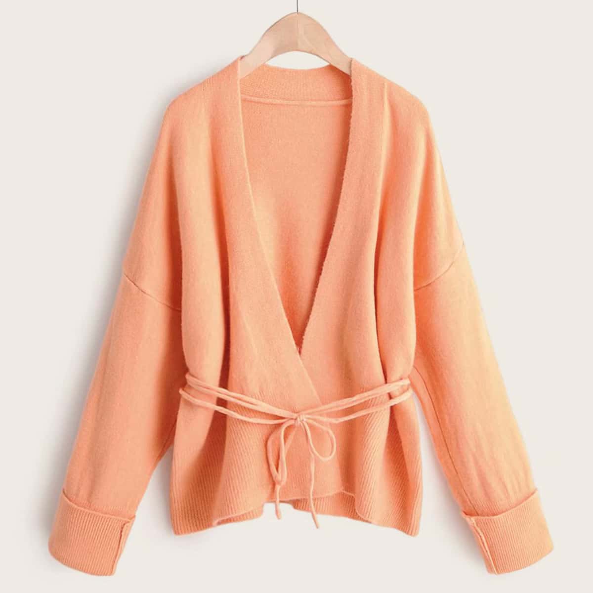 

Drop Shoulder Solid Belted Cardigan, Orange