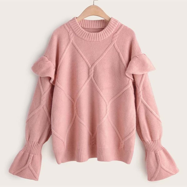 

Cable Pattern Flounce Sleeve Ruffle Trim Jumper