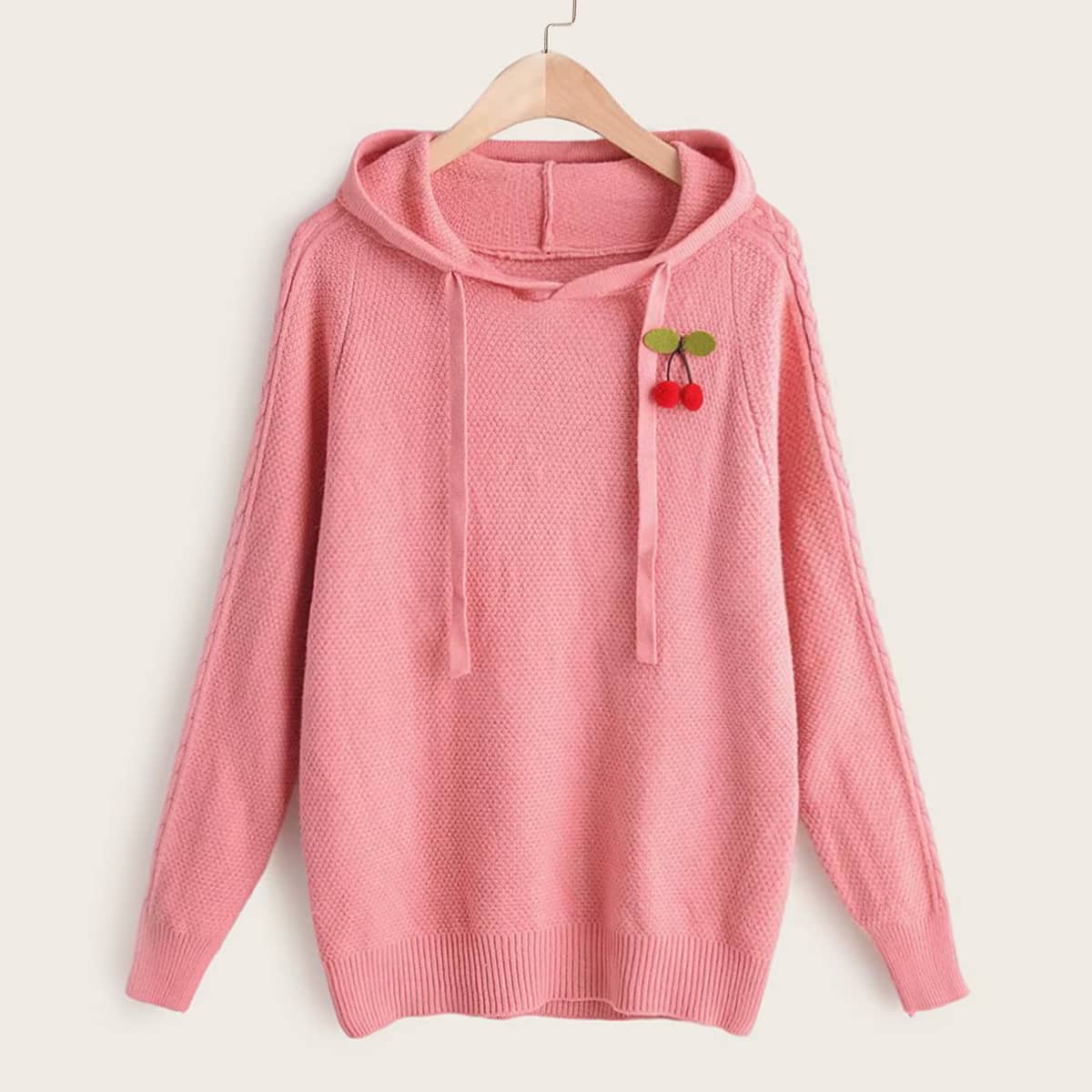 

Cherry Patched Drawstring Hooded Jumper, Pink
