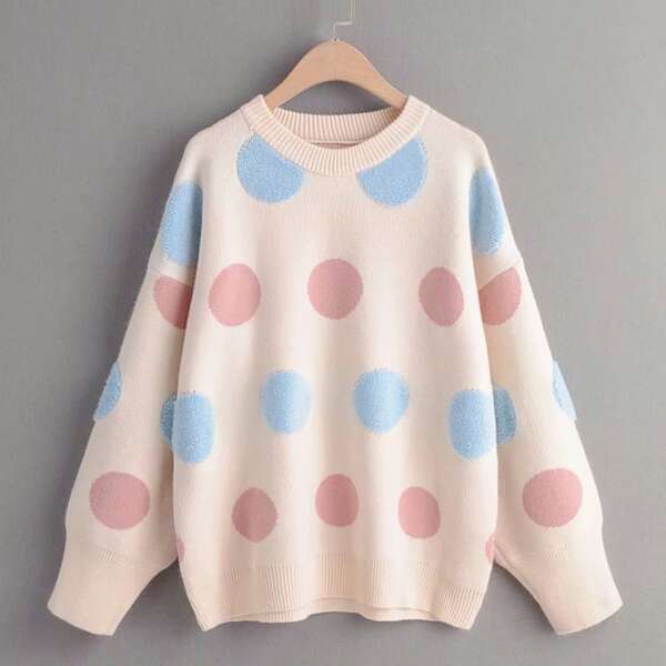 

Round Neck Geo Pattern Drop Shoulder Sweater