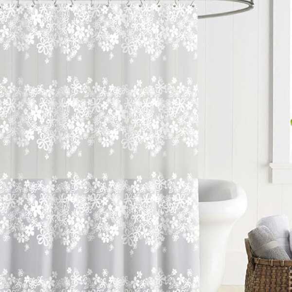 

Simple Flower Print Shower Curtain With 12pcs Hook, White