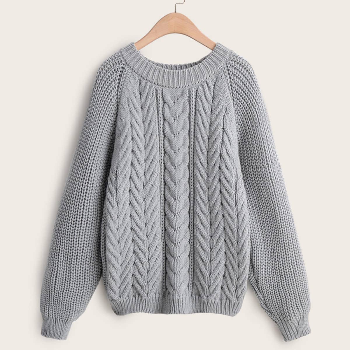 

Cable Knit Raglan Sleeve Sweater, Grey