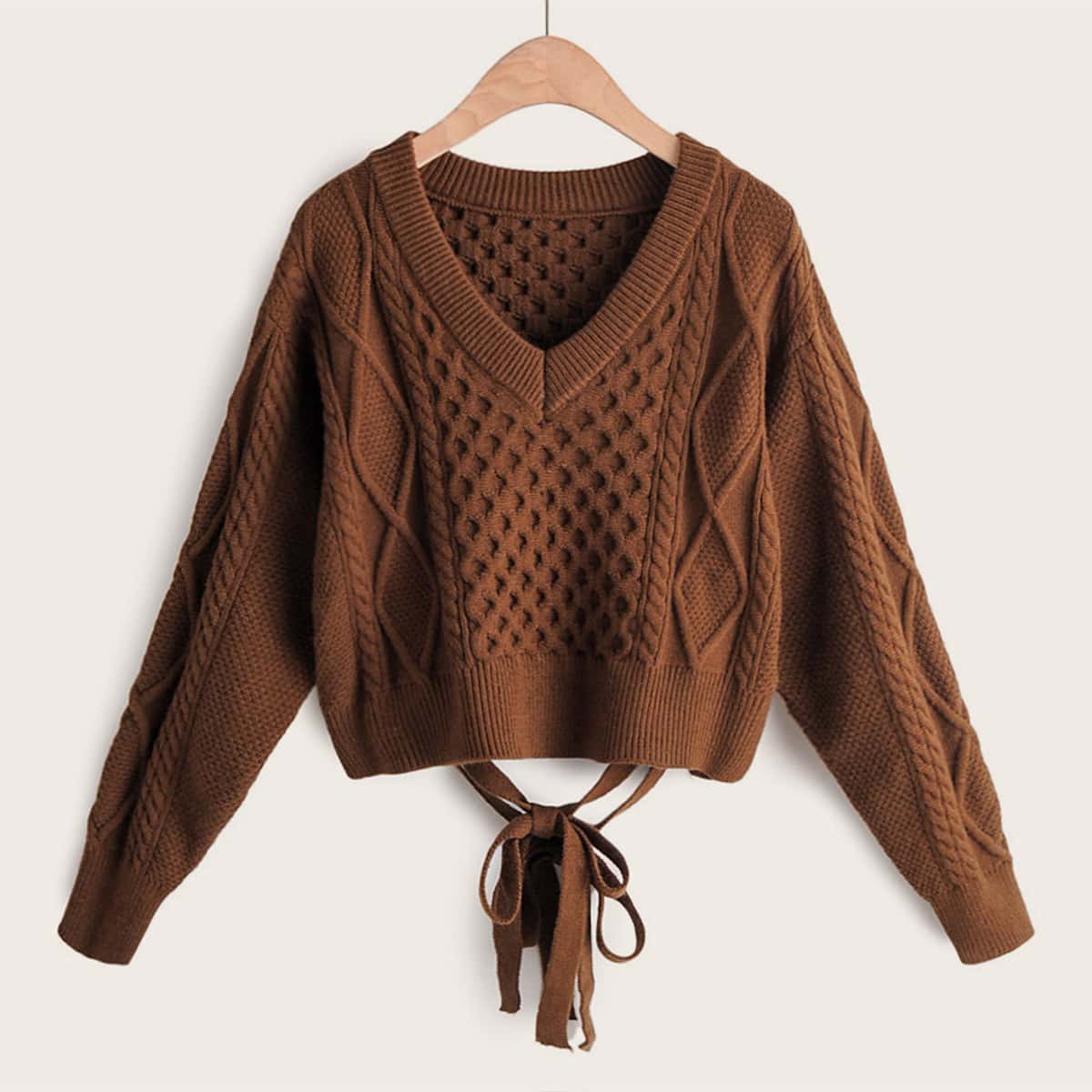 

Tie Back Cable Knit Sweater, Brown