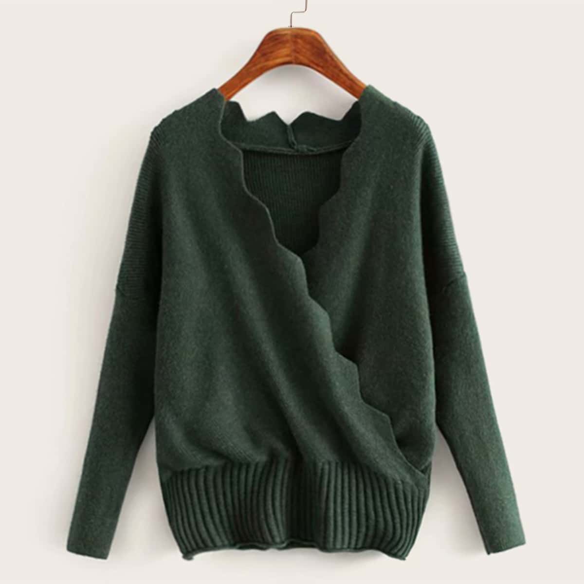 

Surplice Neck Scallop Trim Sweater, Green