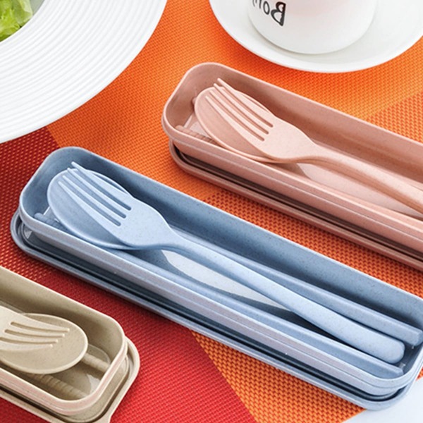 

4pcs Portable Wheat Straw Cutlery With Box, Multicolor