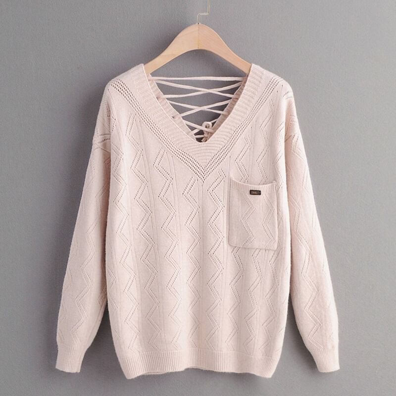 

Solid V-Neck Pocket Front Lattice-Back Sweater, Beige