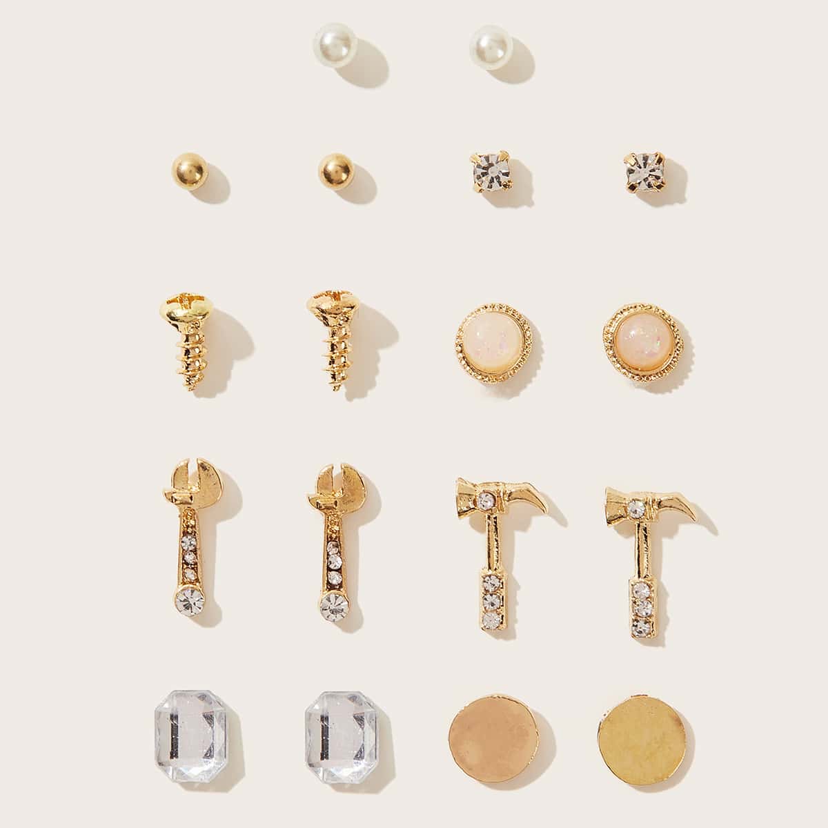

9pairs Rhinestone & Pearl Decor Stud Earrings, Gold