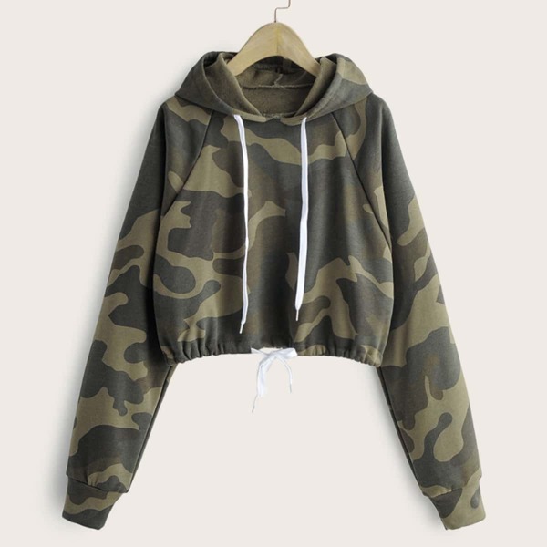 

Camo Print Raglan Sleeve Drawstring Hoodie, Multicolor