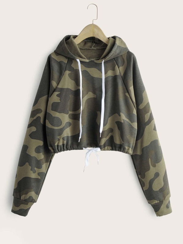 

Camo Print Raglan Sleeve Drawstring Hoodie, Multicolor