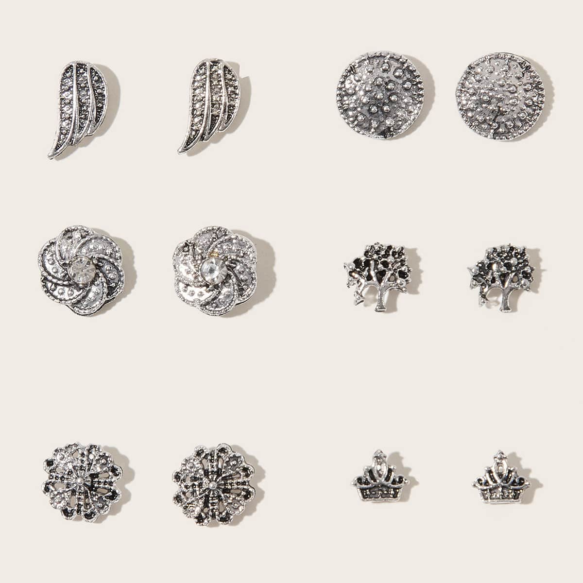 

6pairs Wing & Flower Shaped Stud Earrings, Silver