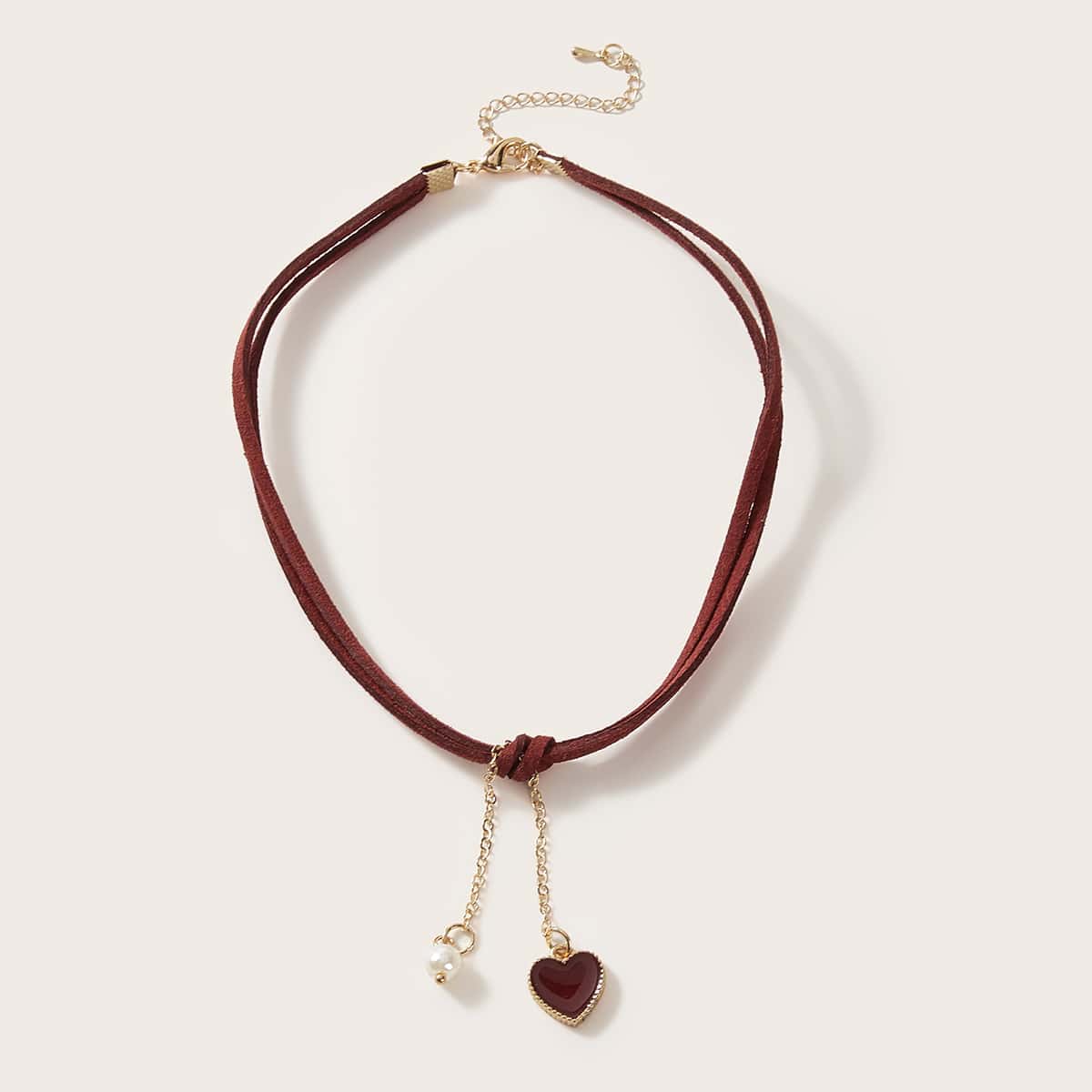 

1pc Heart & Pearl Charm Necklace, Burgundy