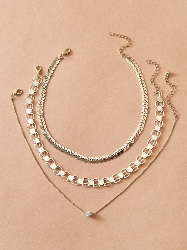 

3pcs Rhinestone Decor Leaf Shaped Layered Necklace, Gold