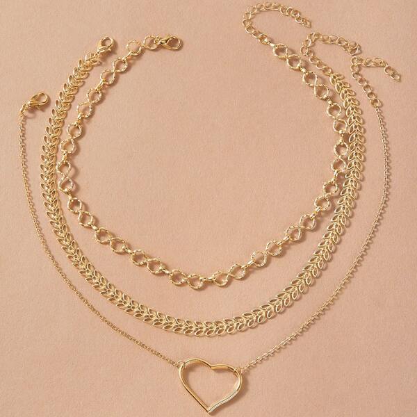 

3pcs Heart Charm Chain Layered Necklace, Gold