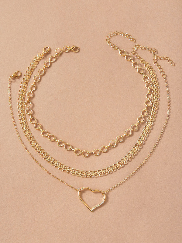 

3pcs Heart Charm Chain Layered Necklace, Gold