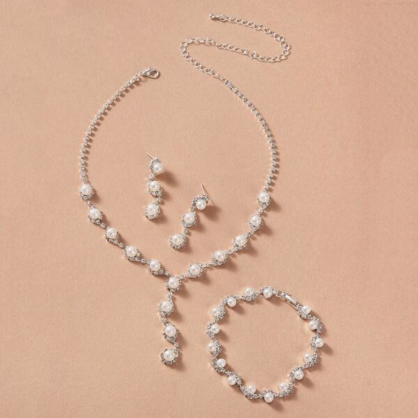 

4pcs Rhinestone & Pearl Decor Jewelry Set