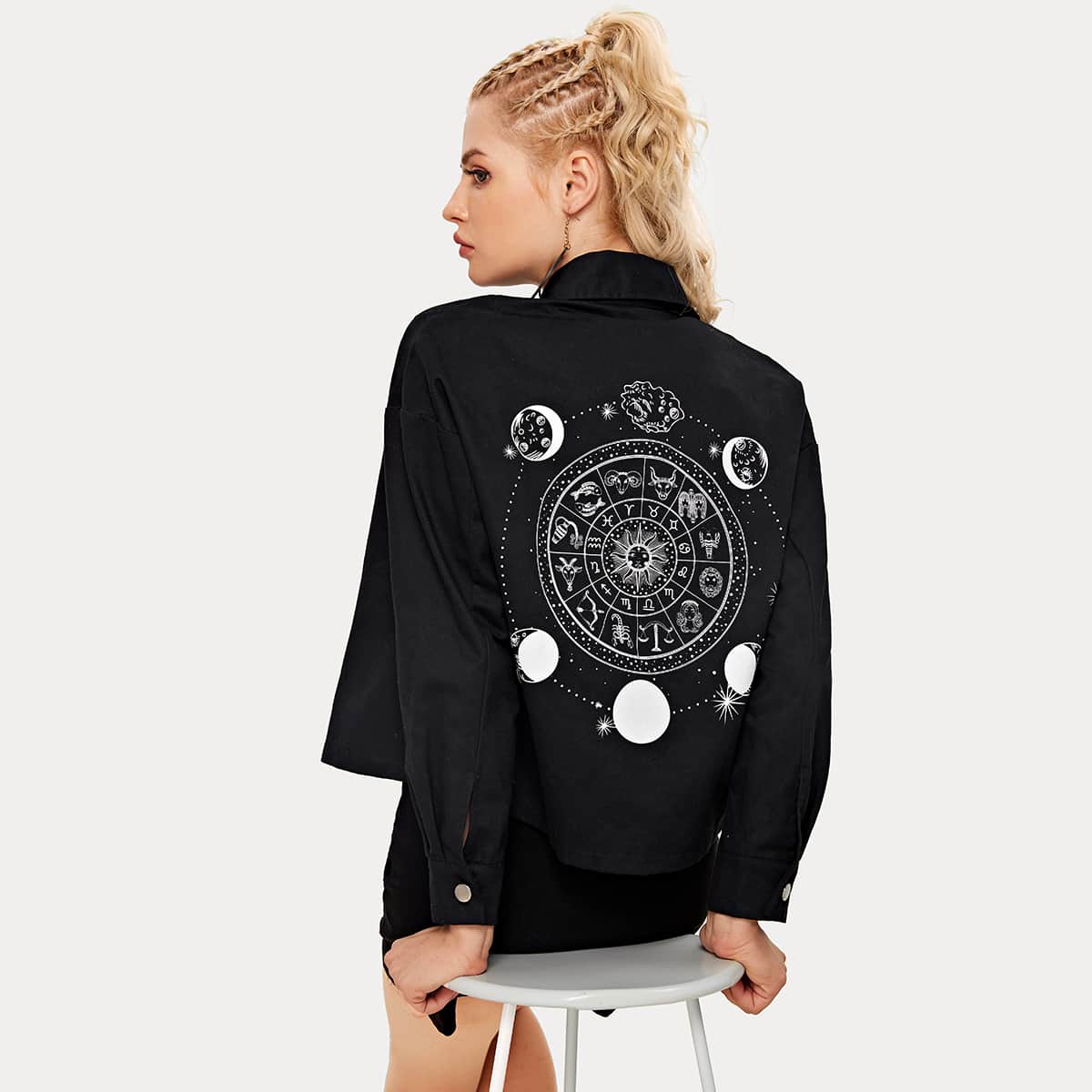 

Graphic Print Single-breasted Jacket, Black