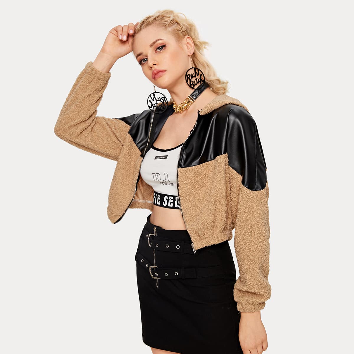 

Contrast Pu Leather Zip-up Teddy Jacket, Multicolor