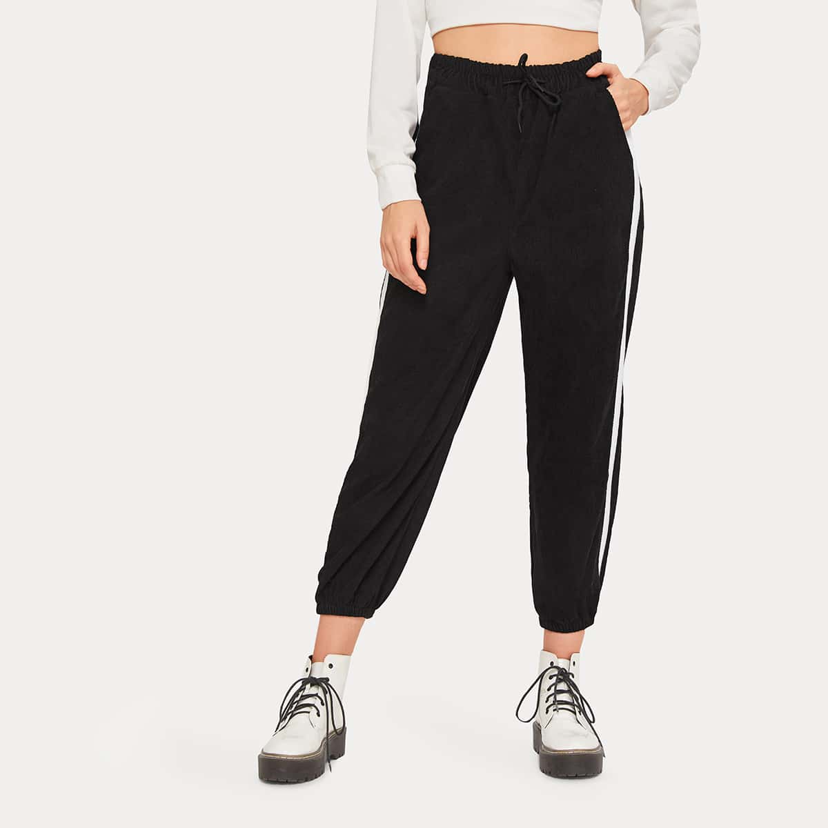 

Contrast Tape Drawstring Waist Corduroy Joggers, Black