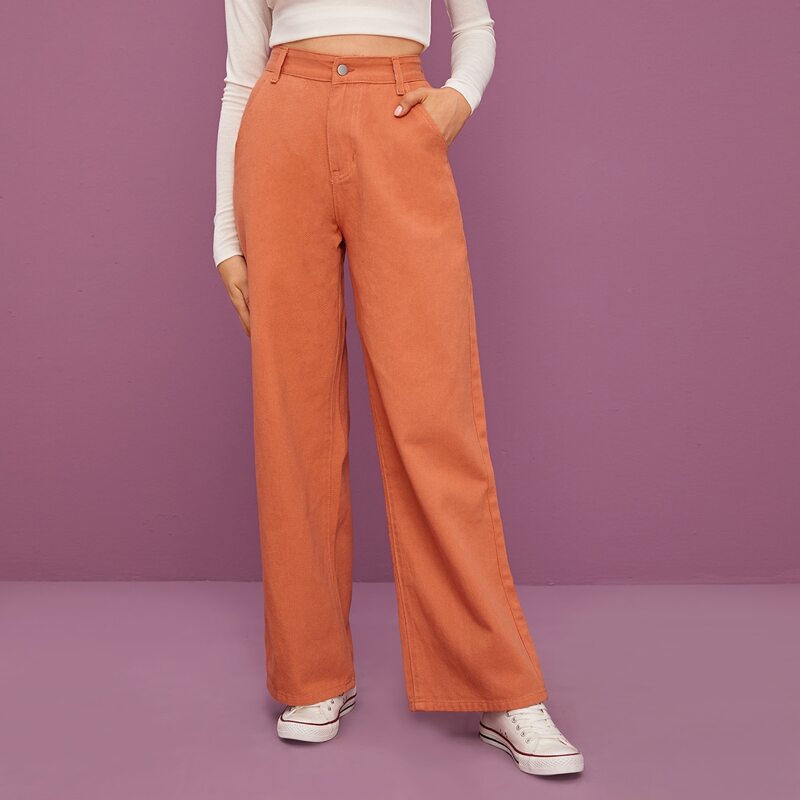 

Solid High Rise Wide Leg Jeans, Orange