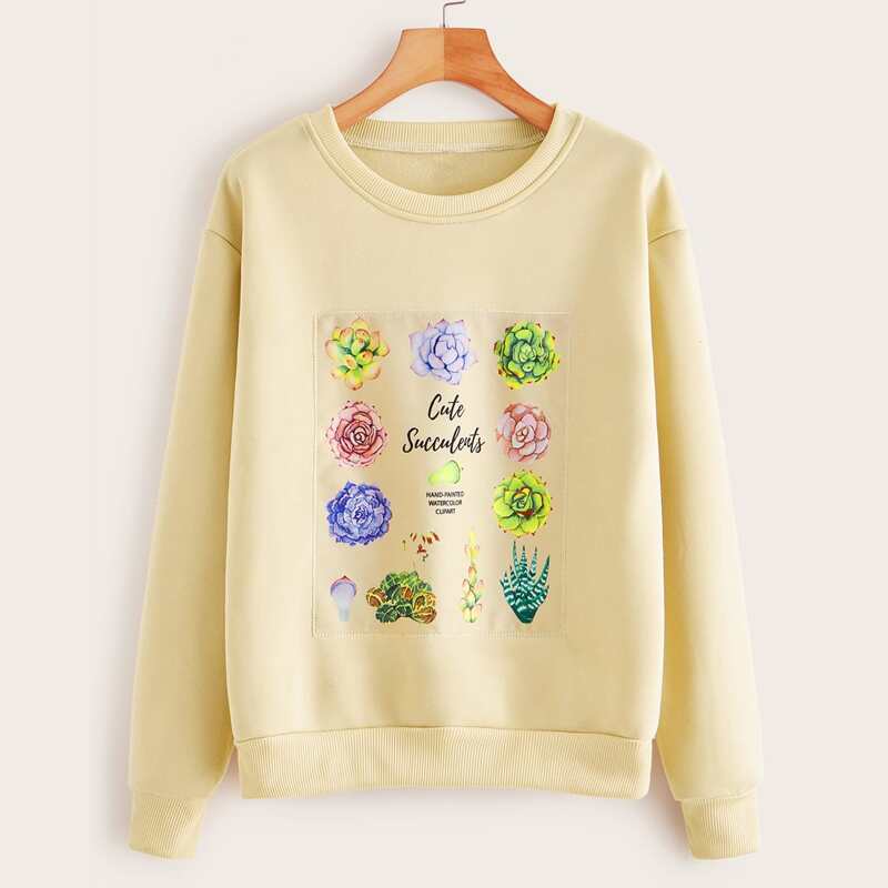 

Plants & Letter Graphic Crew Neck Sweatshirt, Beige