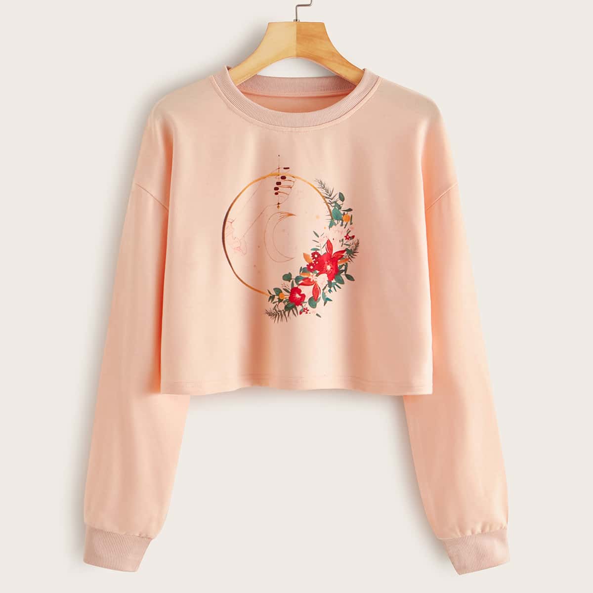 

Plants & Hand Print Crop Sweatshirt, Pink