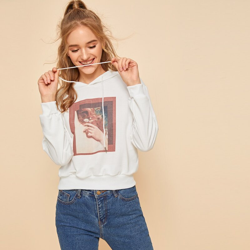 

Graphic Print Drawstring Hoodie, White