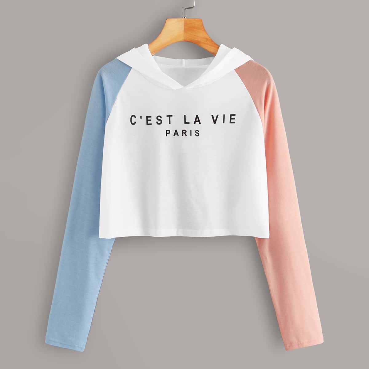 

Slogan Graphic Color-block Raglan Sleeve Crop Hoodie, White
