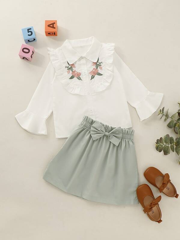

Toddler Girls Ruffle Trim Embroidery Blouse With Skirt, Multicolor