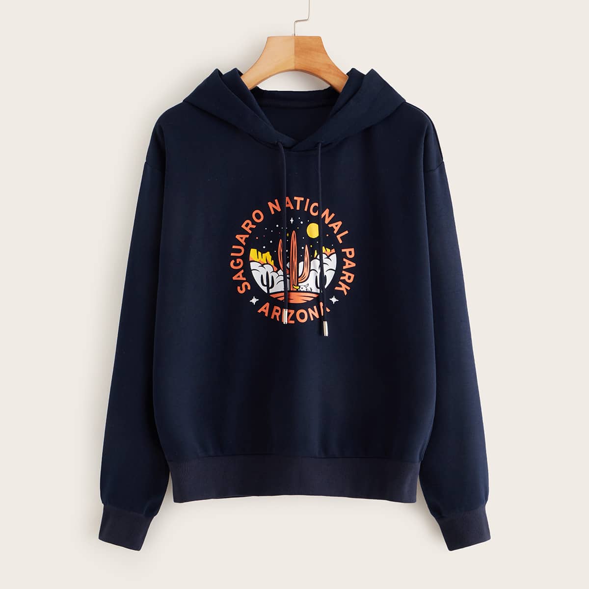 

Cactus & Letter Graphic Drawstring Hoodie, Navy