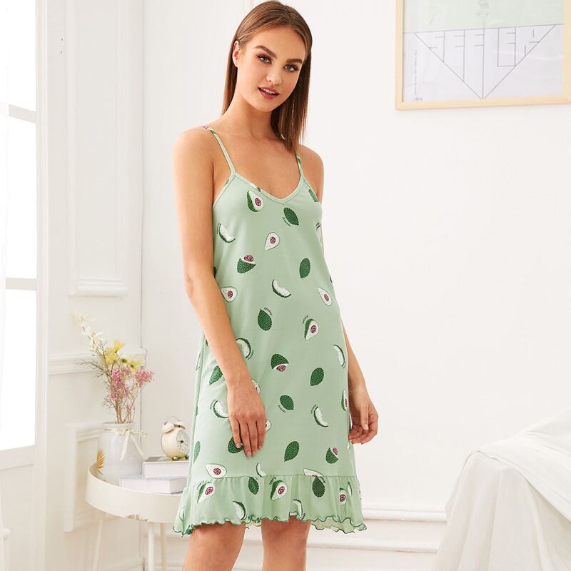 

Avocado Print Ruffle Hem Cami Dress, Green