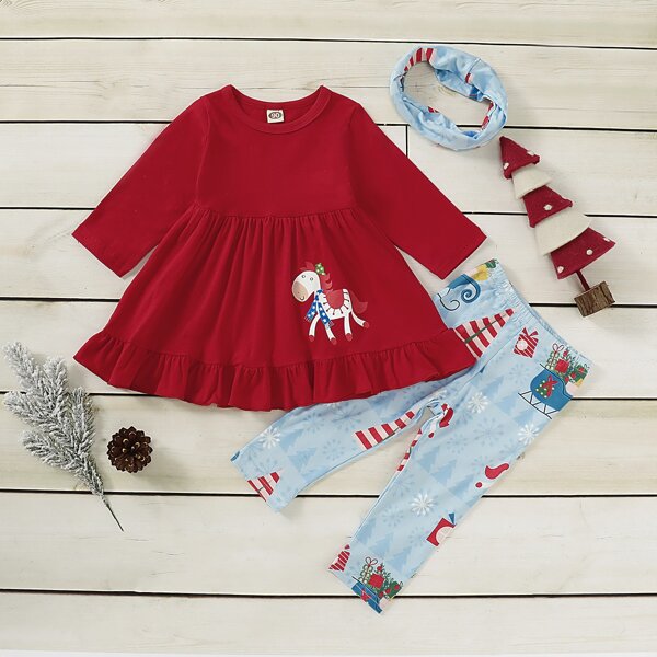 

Toddler Girls Christmas New Year Print Smock Tee & Pants & Headband, Multicolor