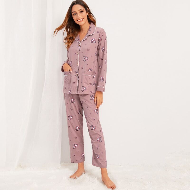 

Floral Print Button-up Pajama Set, Pink