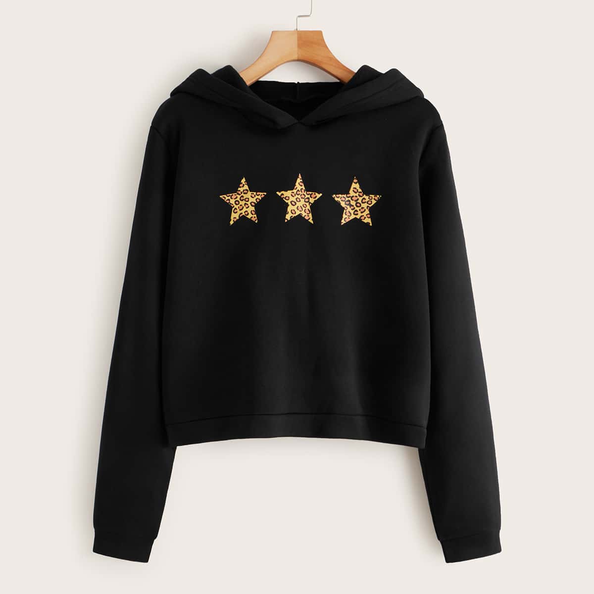 Star Print Hooded Sweatshirt, Black