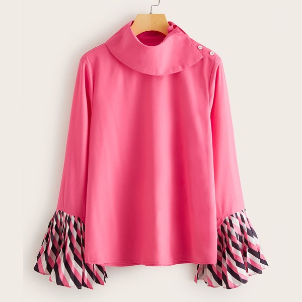 

Contrast Striped Pleated Sleeve Blouses, Pink