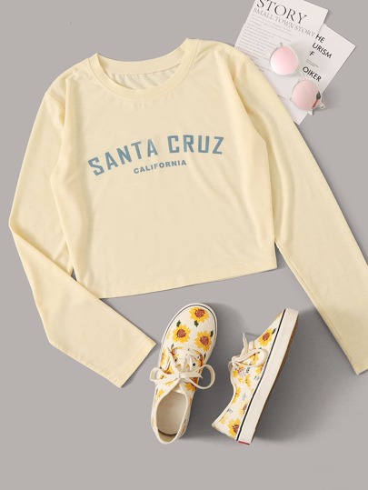 Camiseta corta de manga larga gráfica con letra
