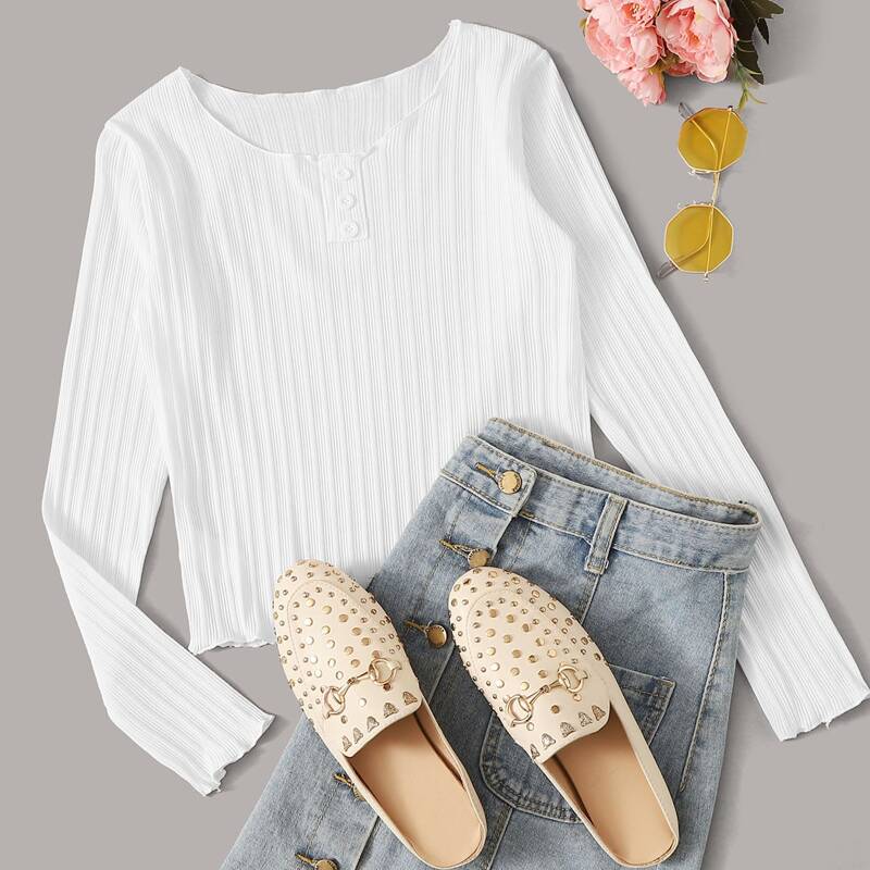 

Solid Lettuce Trim Ribbed Tee, White