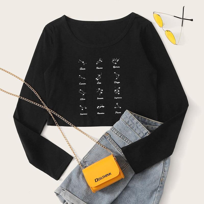 

Constellation & Letter Graphic Crop Tee, Black
