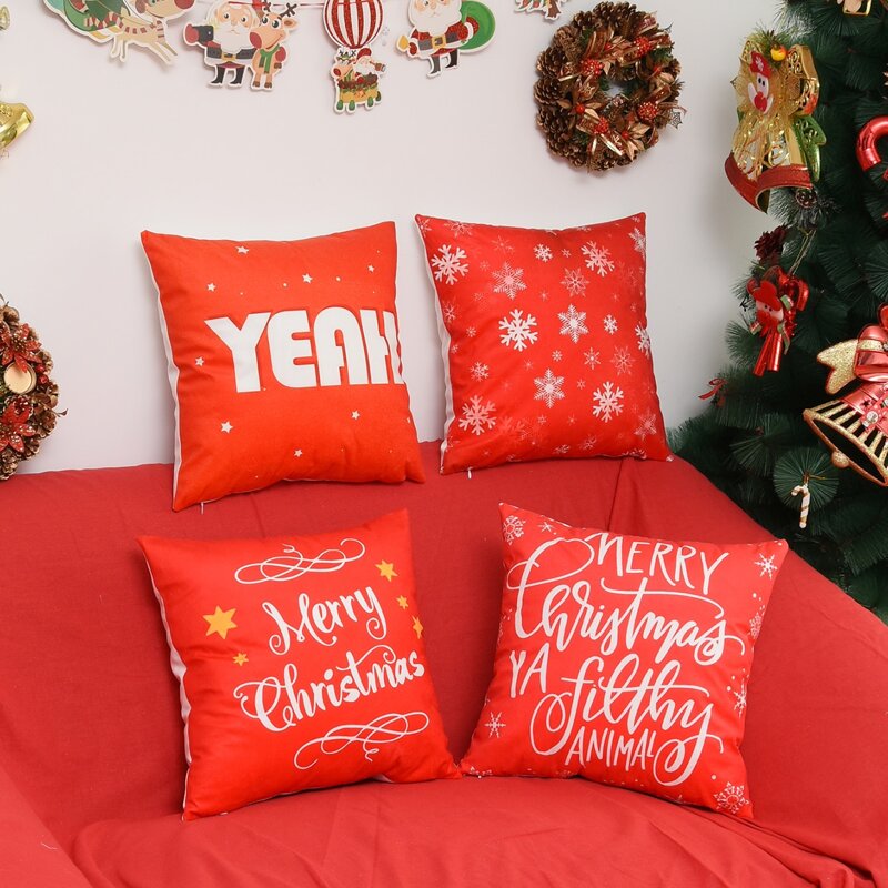 

1pc Christmas Print Cushion Cover, Red