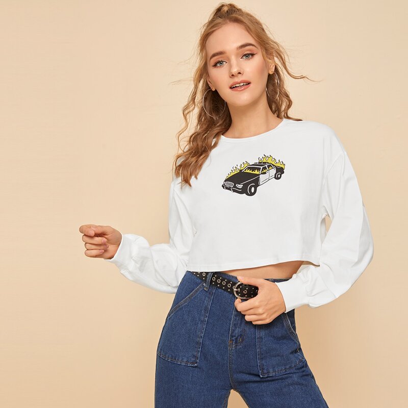 Car Print Crew Neck Crop Tee, White