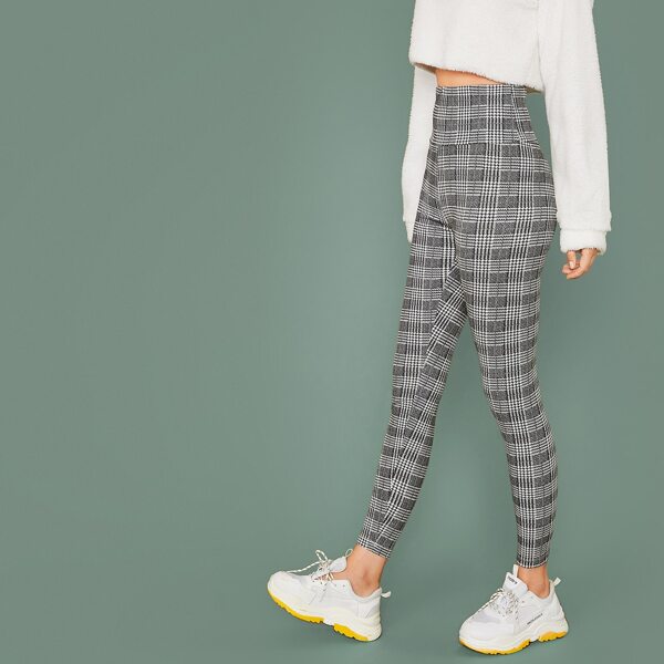 

Wide Waistband Plaid Leggings, Black and white