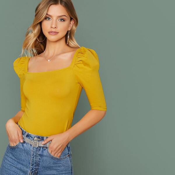 

Solid Puff Sleeve Fitted Top, Yellow