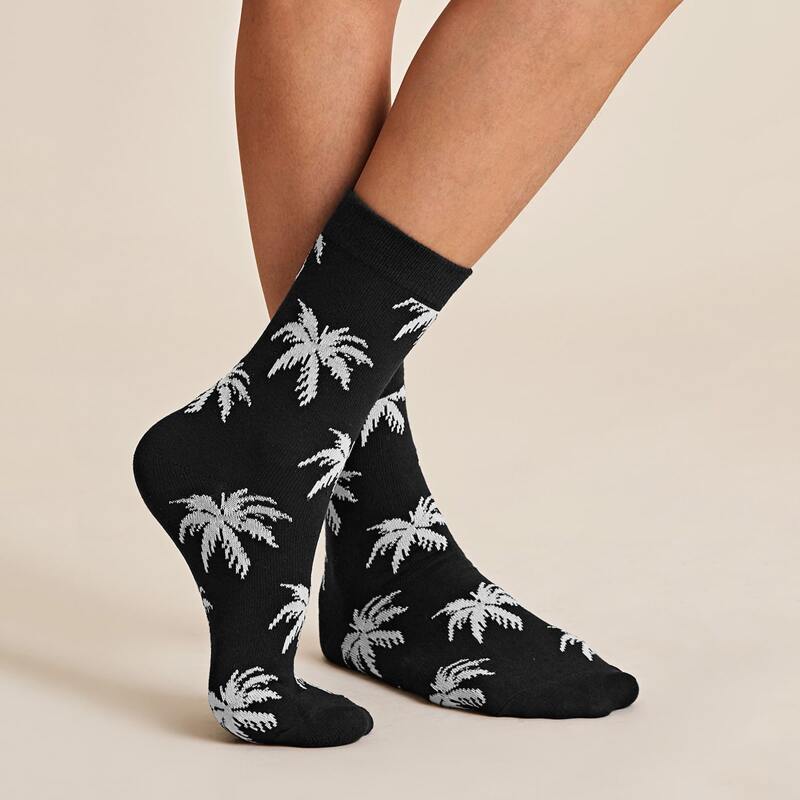 

1pair Coconut Tree Pattern Socks, Black