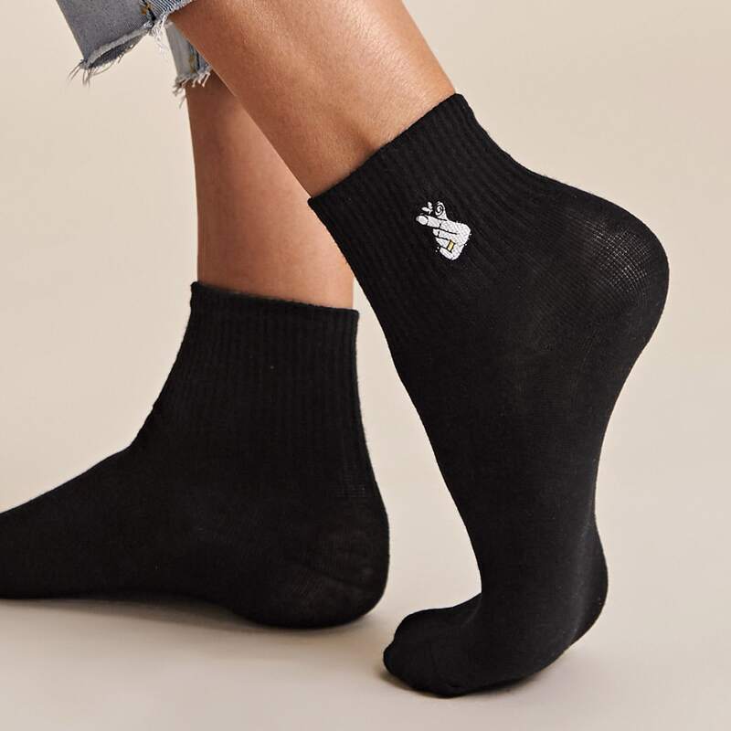 

1pair Gesture Embroidery Socks, Black