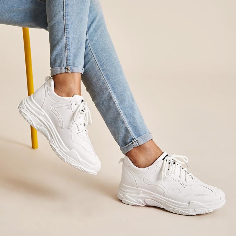 

Solid Lace-up Chunky Sneakers, White
